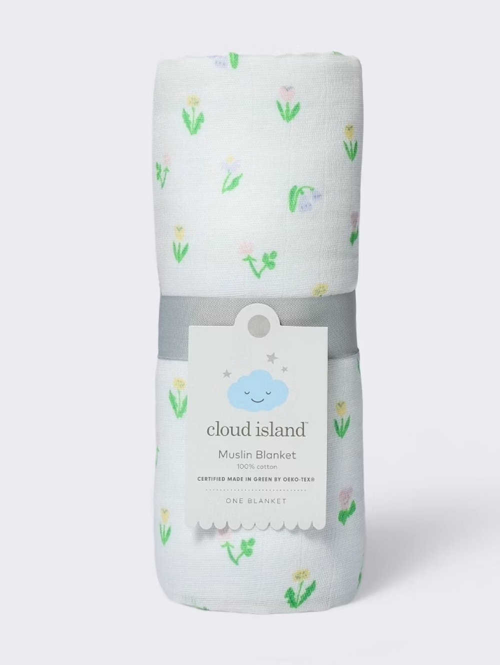 White Muslin Baby Blanket with Pastel Floral Print - Cloud Island